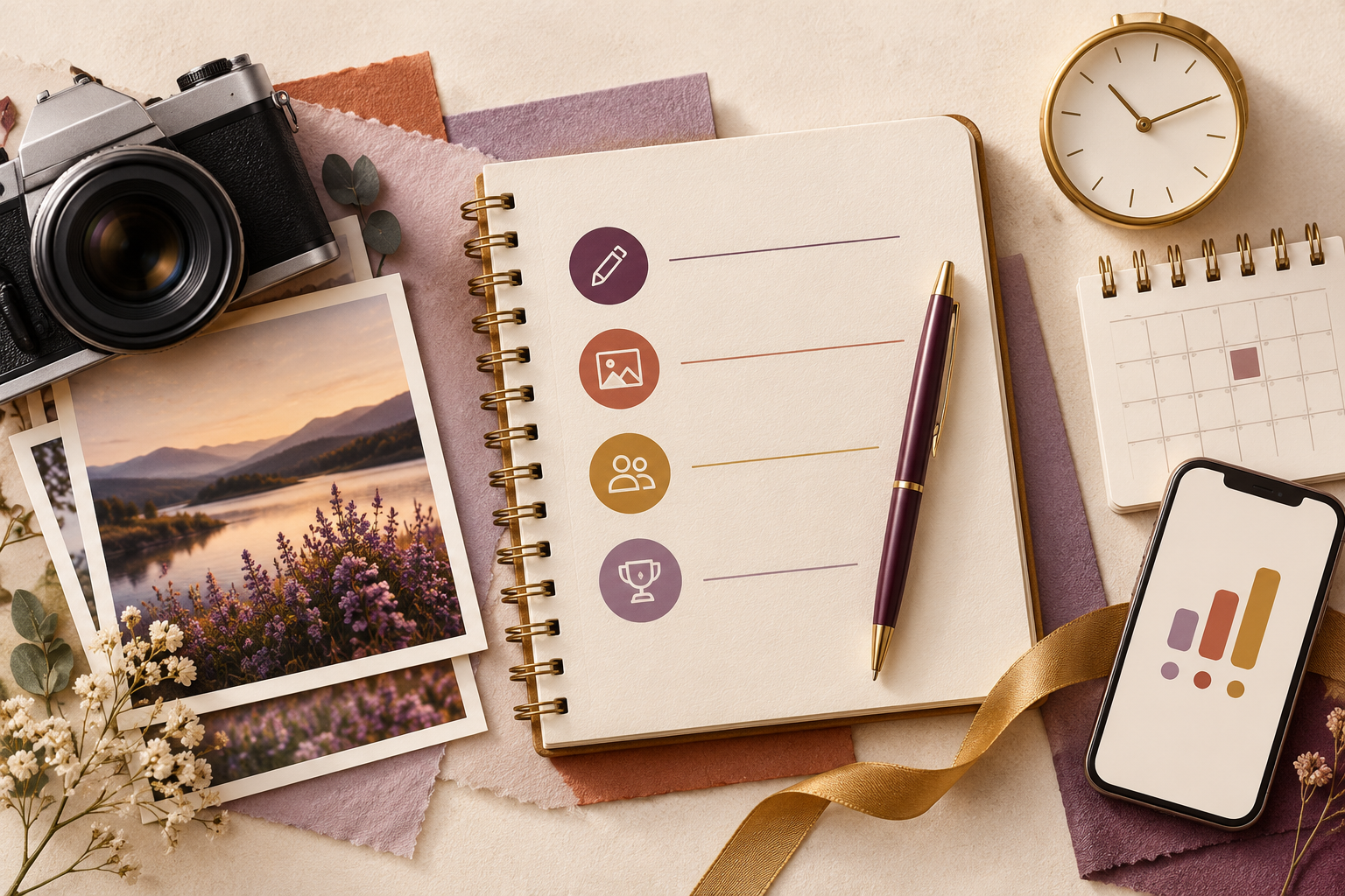 Illustrated contest planning desk with a camera, checklist, calendar and phone